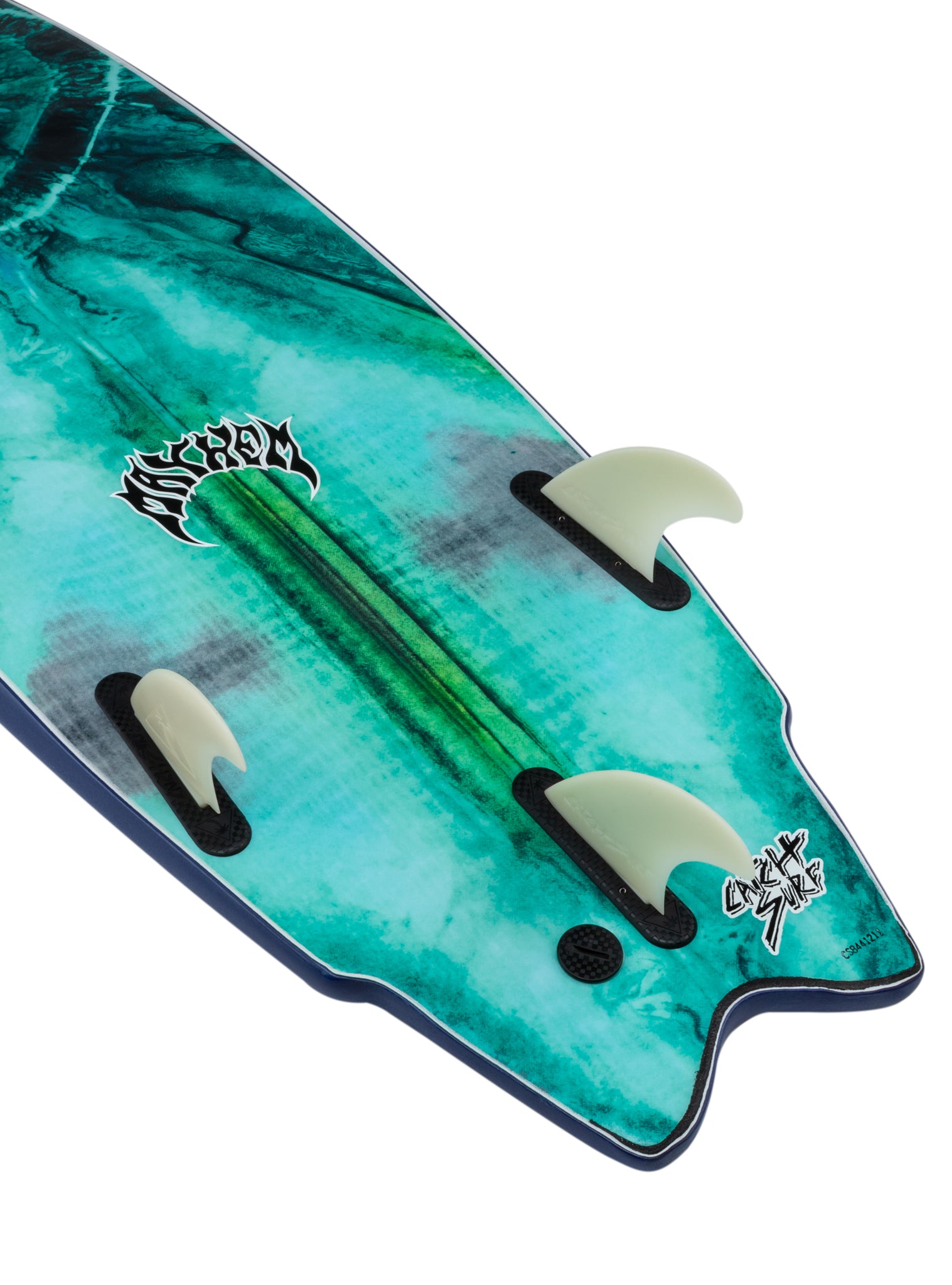 Close-up of a teal surfboard with fins and a logo on a white background