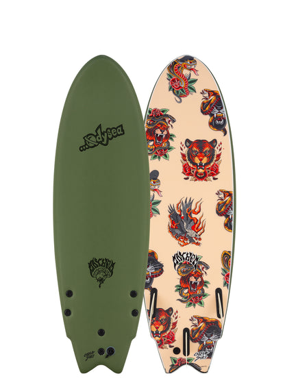 Two sides of a surfboard with tattoos design on a beige background