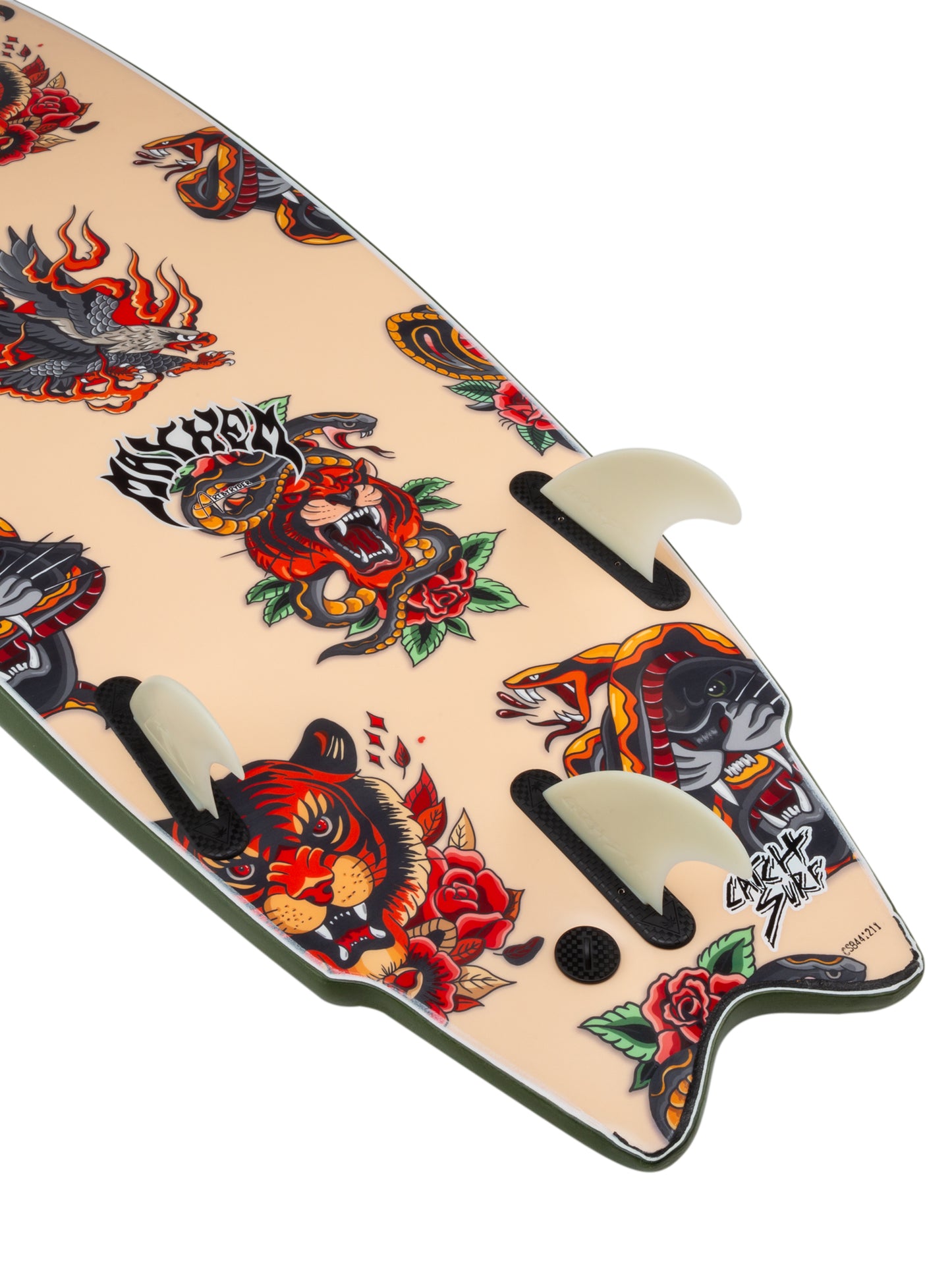 Fishing lure with tattoo-style designs on a beige background