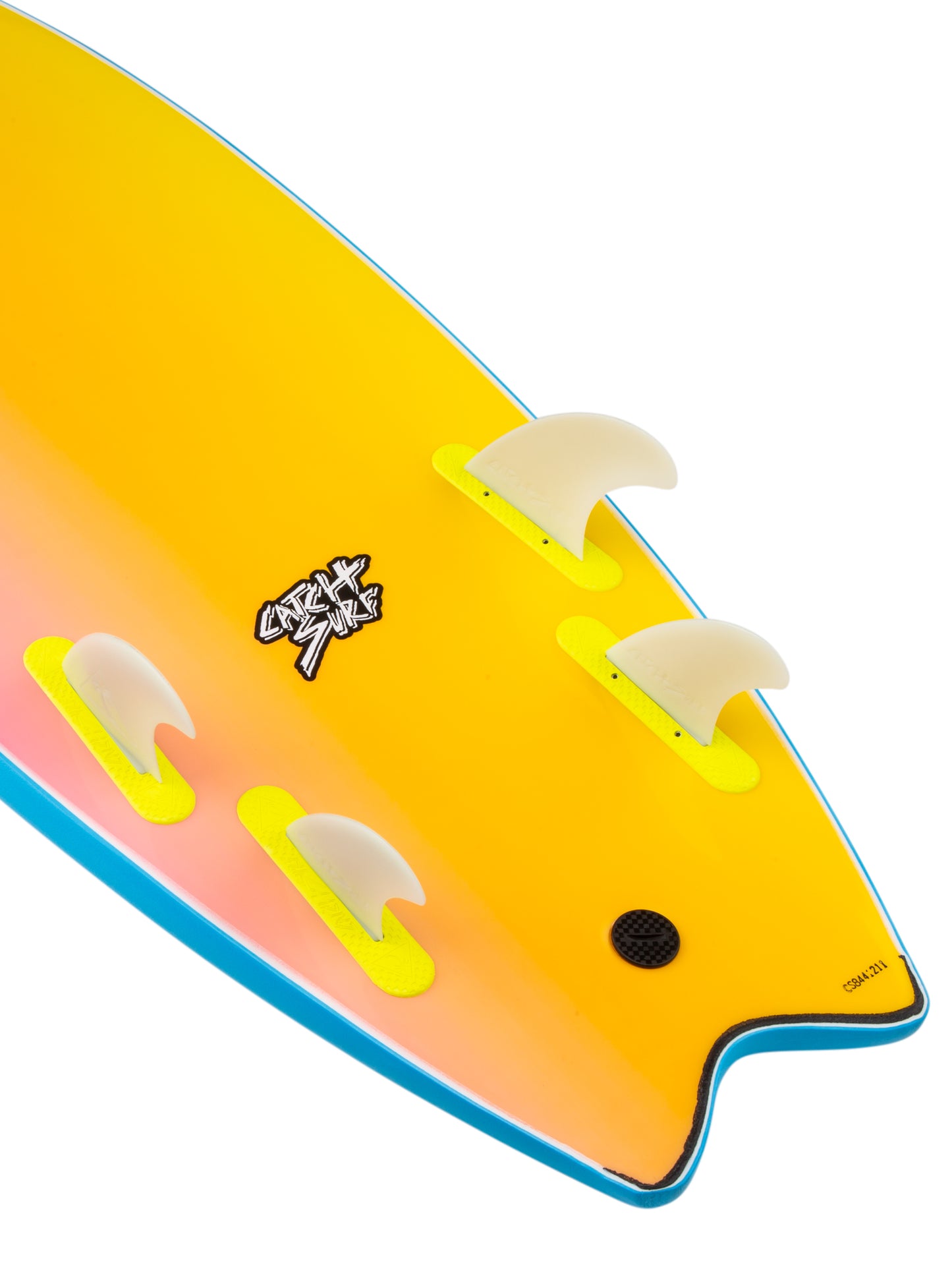 Close-up of a Yellow/Gradient surfboard with fins and a logo.