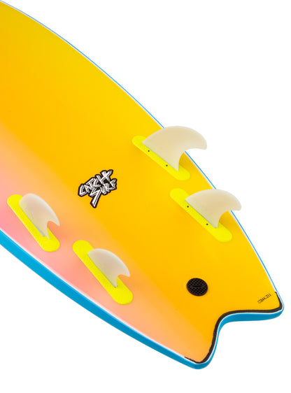 Close-up of a Yellow/Gradient surfboard with fins and a logo.