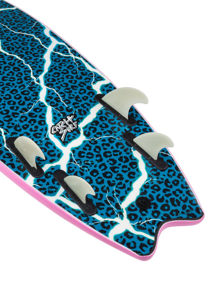 Surfboard with blue leopard print design and pink edge on a white background