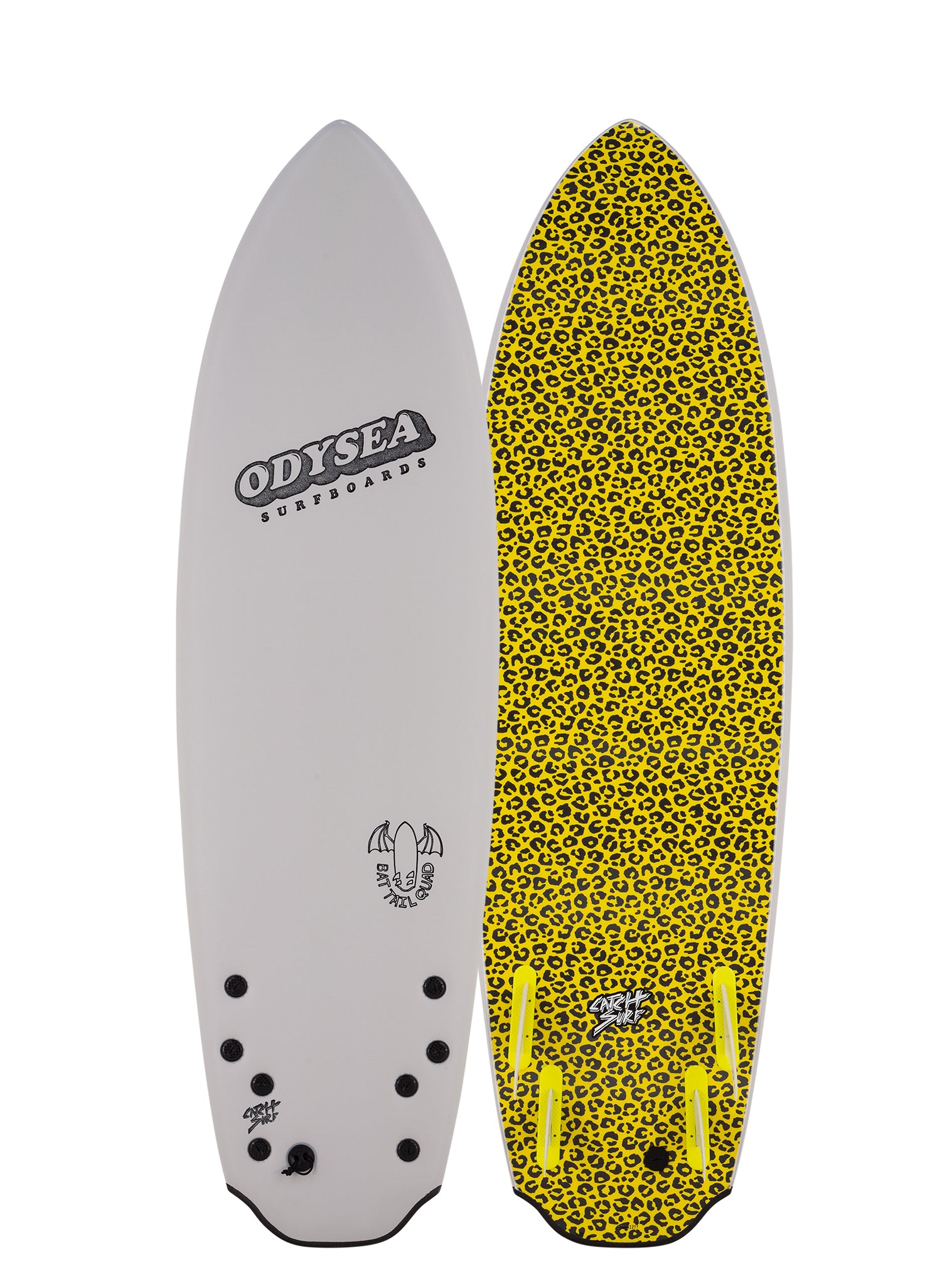 Two views of a surfboard with a leopard print design on a white background