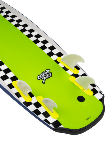 Green surfboard with checkered pattern and yellow fins on a white background