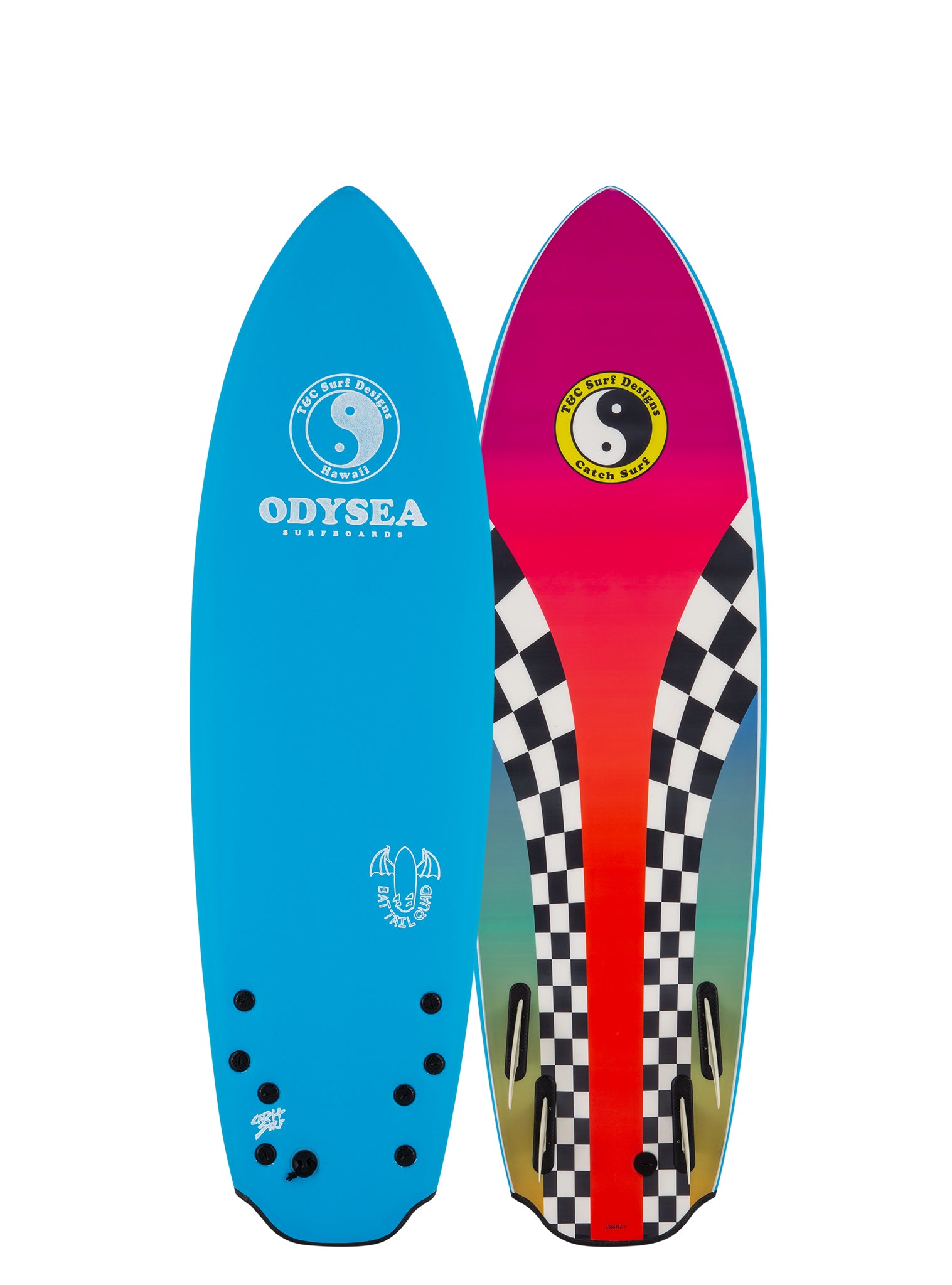 Two surfboards, one blue and one multicolored with checkered pattern,