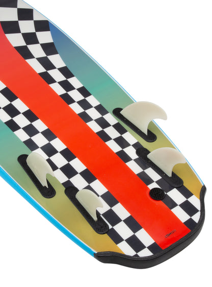 Colorful surfboard with checkered pattern and red stripe 