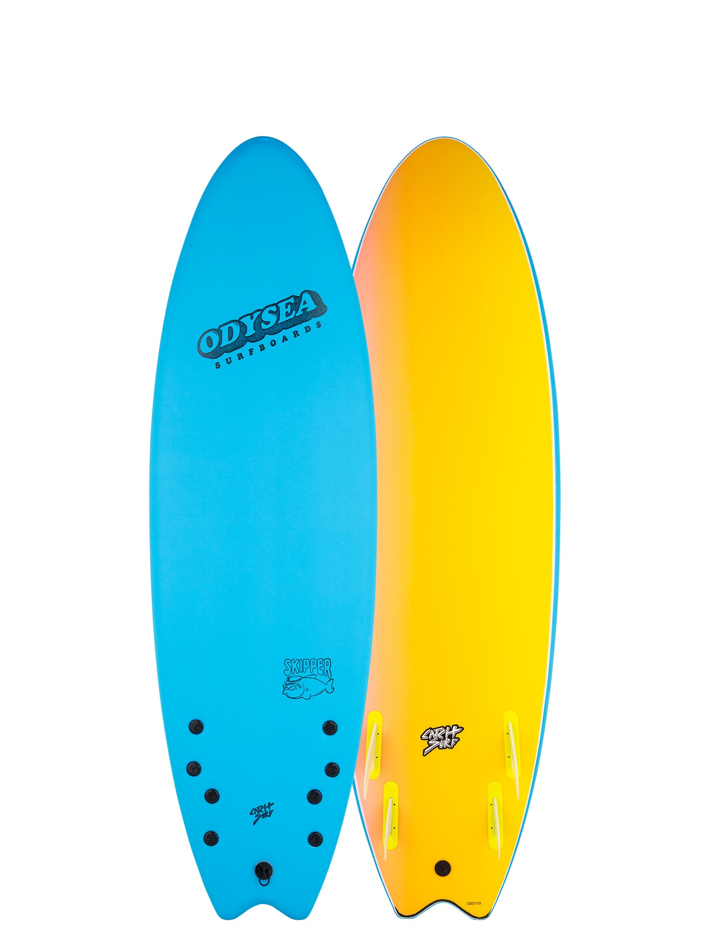 Blue and yellow surfboard with 'Odyssey' branding 