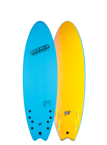 Blue and yellow surfboard with 'Odyssey' branding 