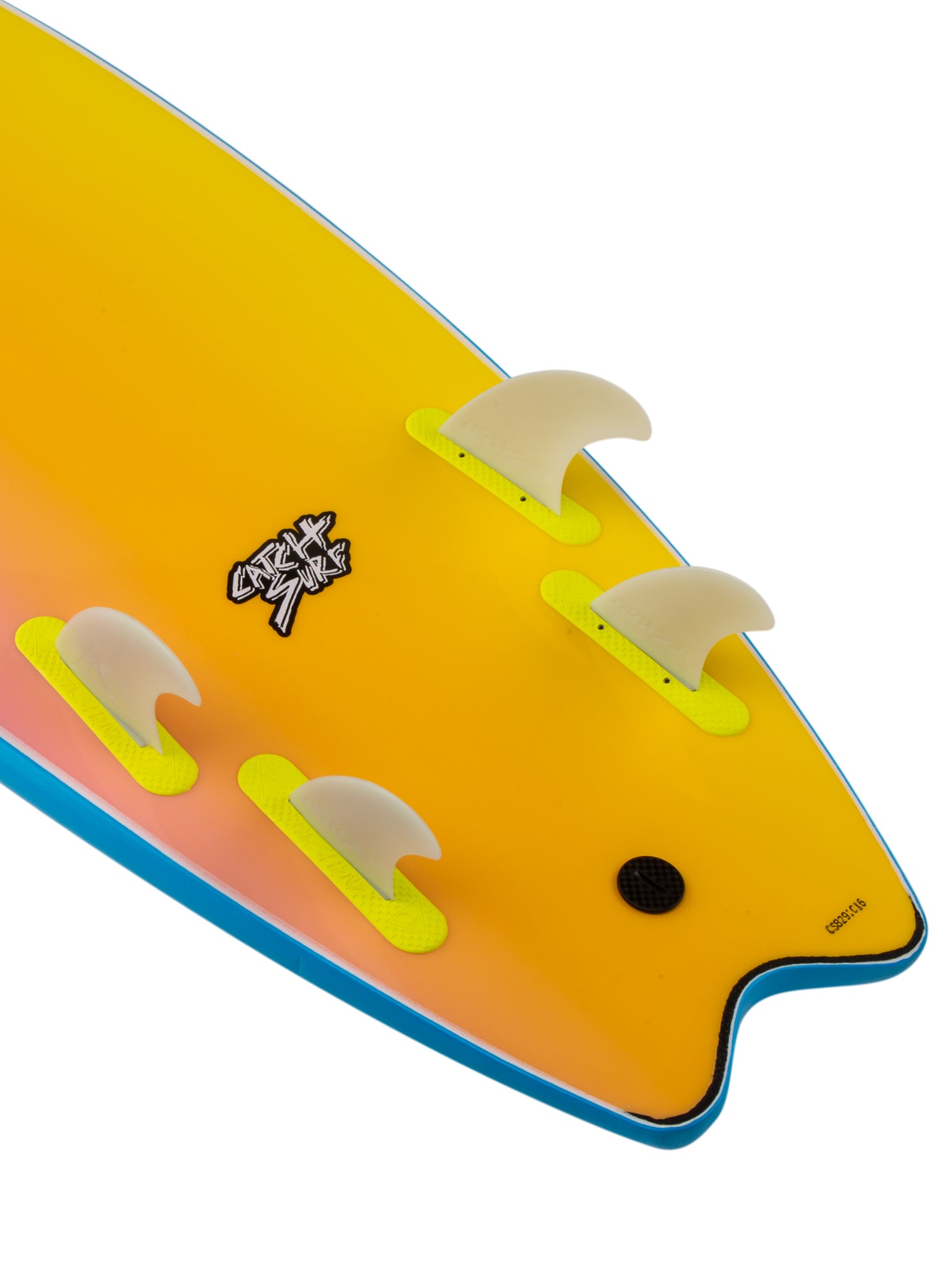 Colorful surfboard with fins on a white background