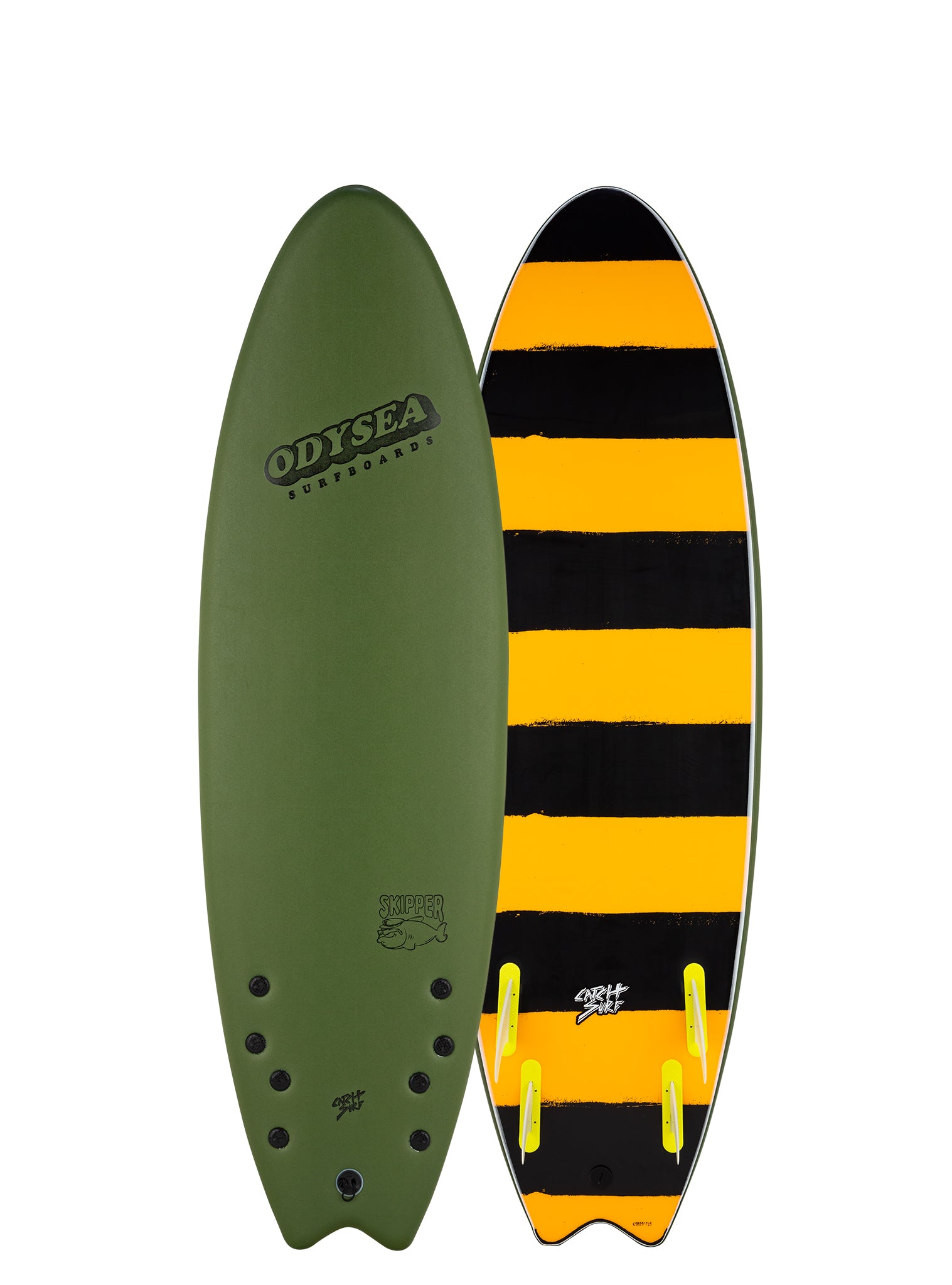 Two surfboards, one green and one with yellow and black stripe