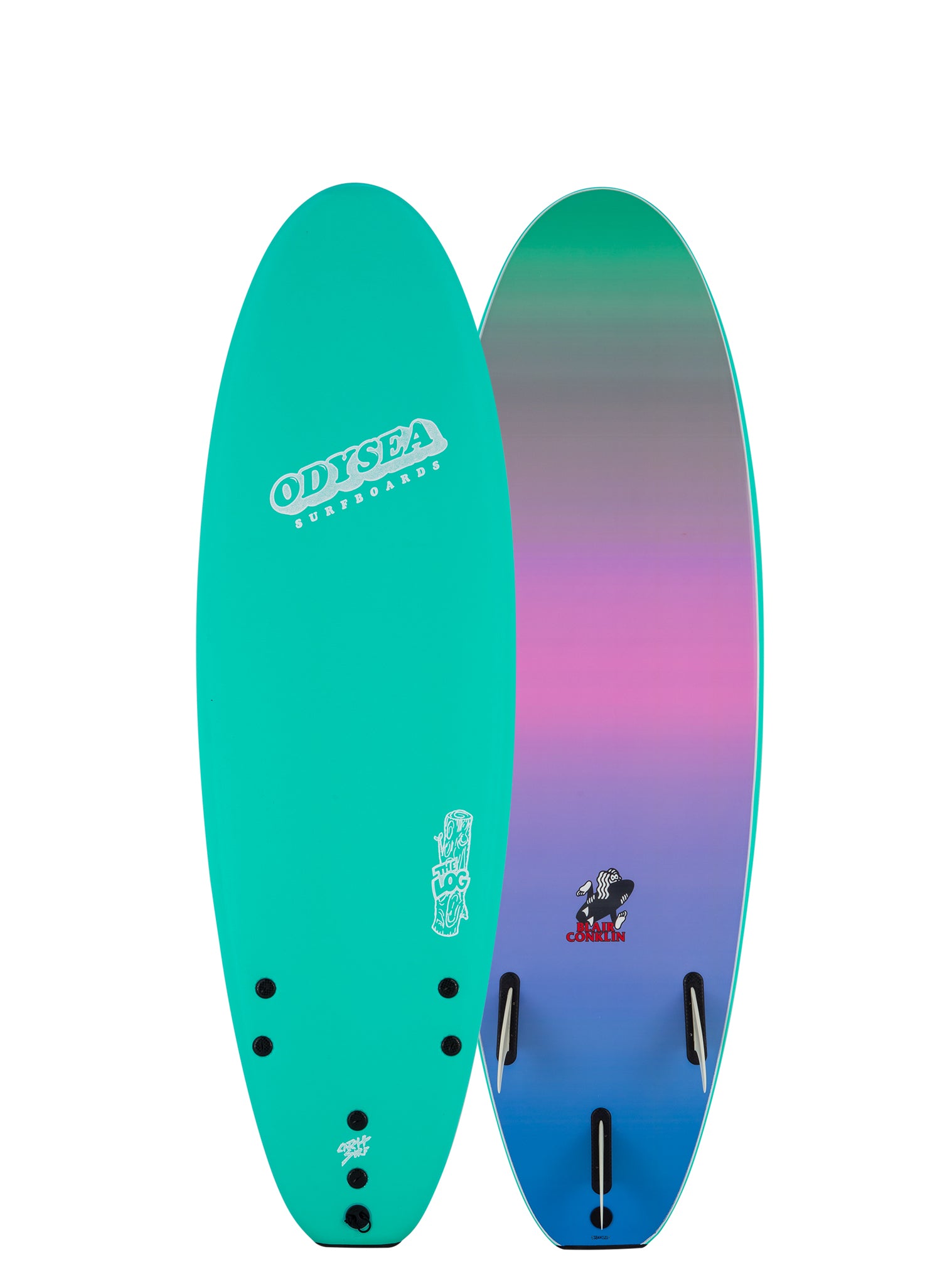Two surfboards with a gradient design from teal to purple 