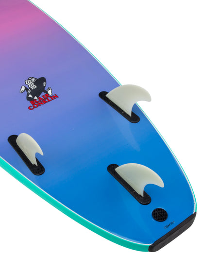 Close-up of a surfboard with fins and a logo on a white background