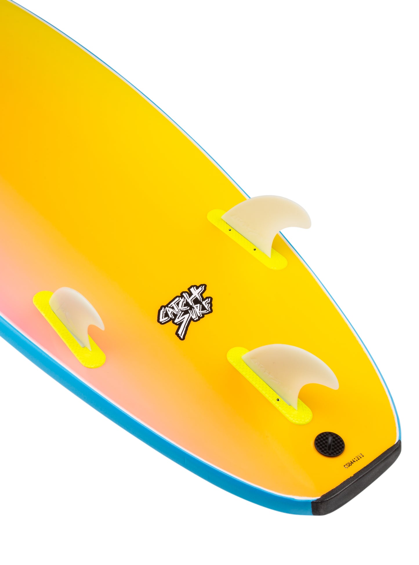 Close-up of a colorful surfboard with a logo 