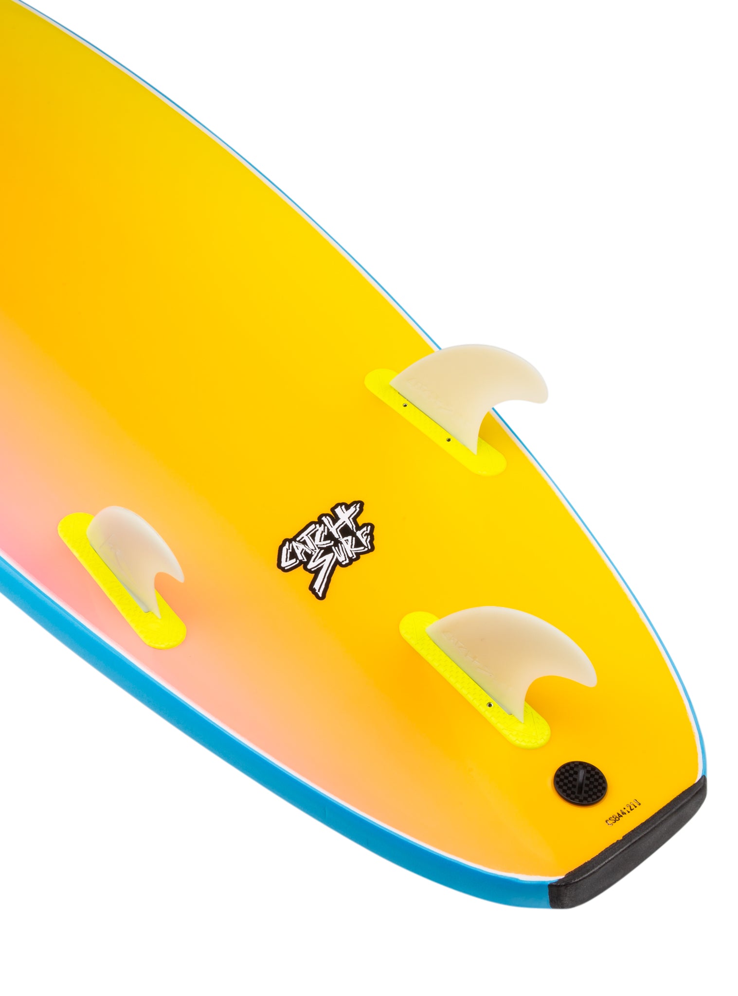 Close-up of a colorful surfboard with a logo 