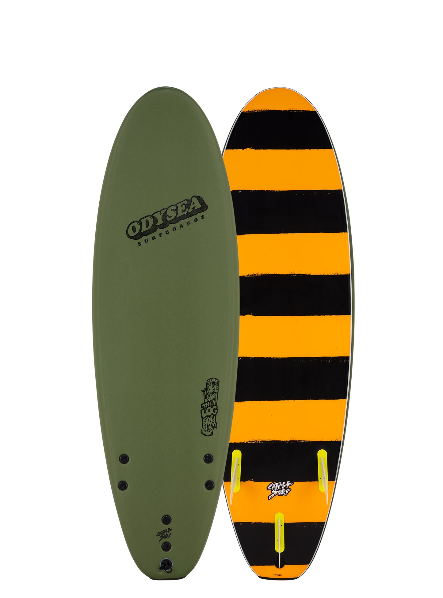 Two surfboards, one green and one with orange and black striped design