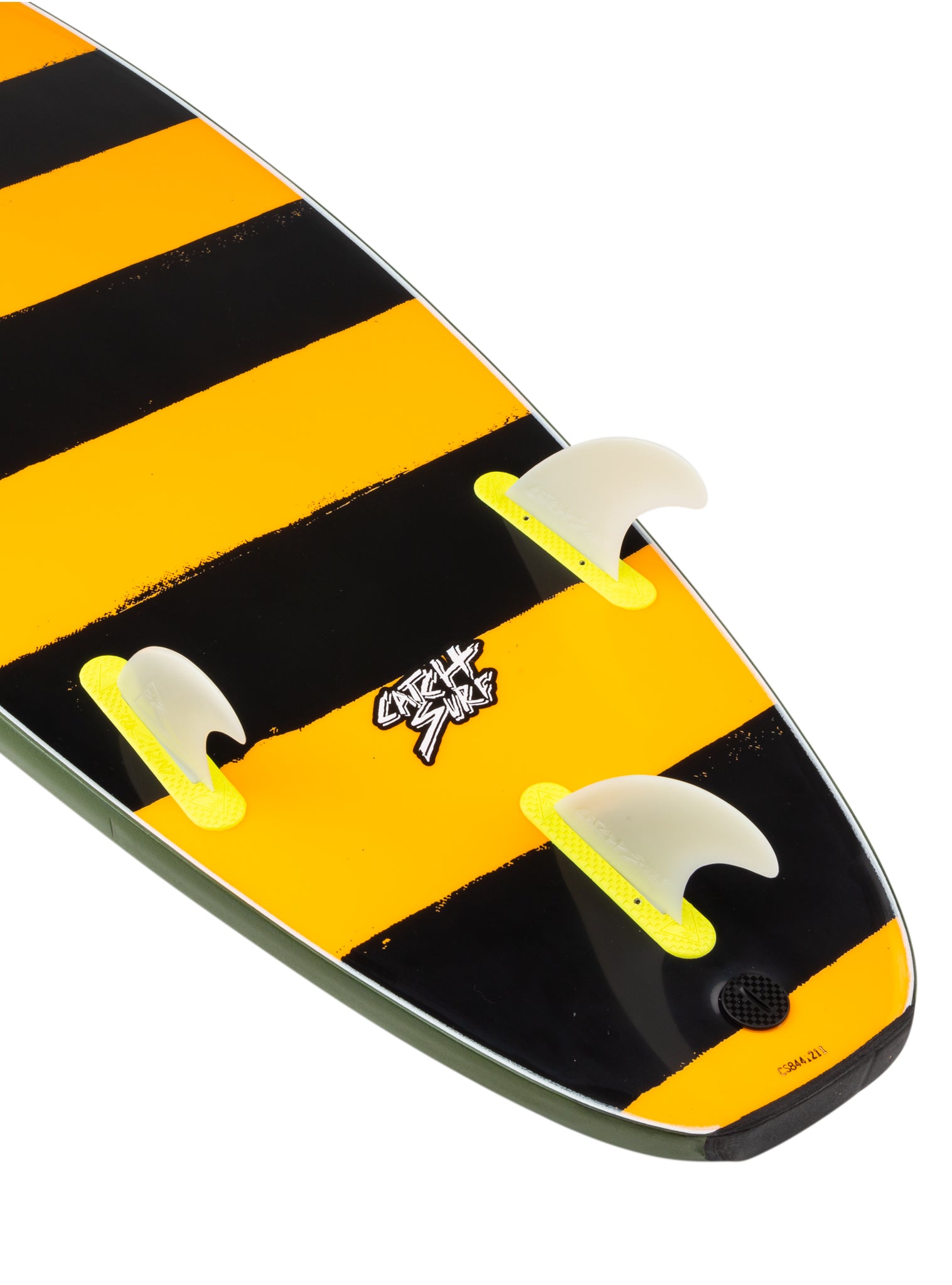 Yellow and black striped water ski with a brand logo 