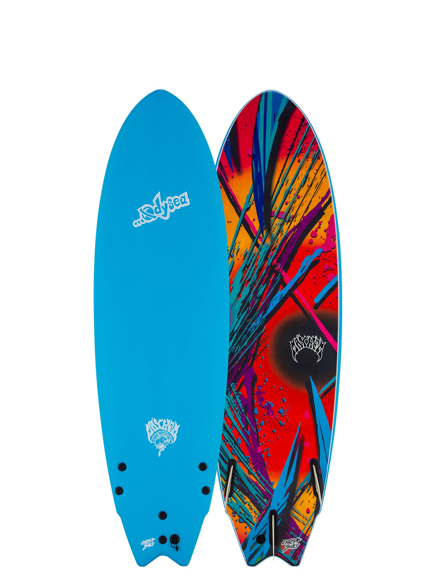 Two surfboards, one blue and one multicolored with a design, on a white background.