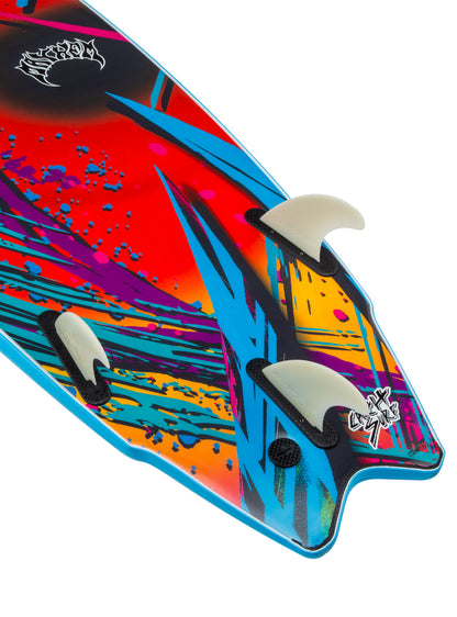 Colorful surfboard with abstract design on a white background