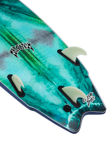 Close-up of a teal surfboard with fins and a brand logo on a white background