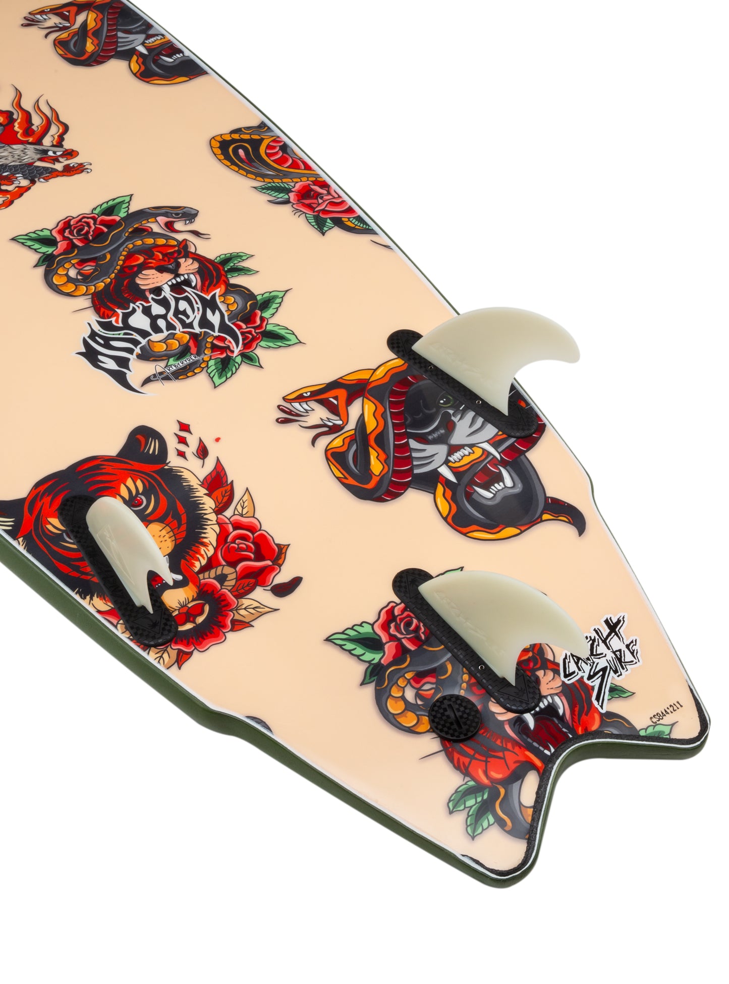Decorative skateboard deck with tattoos and furs on a white background