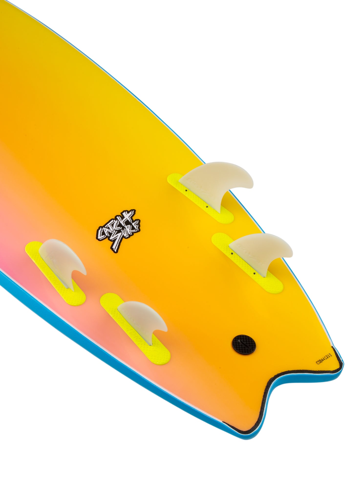 Close-up of a colorful surfboard with fins on a white background