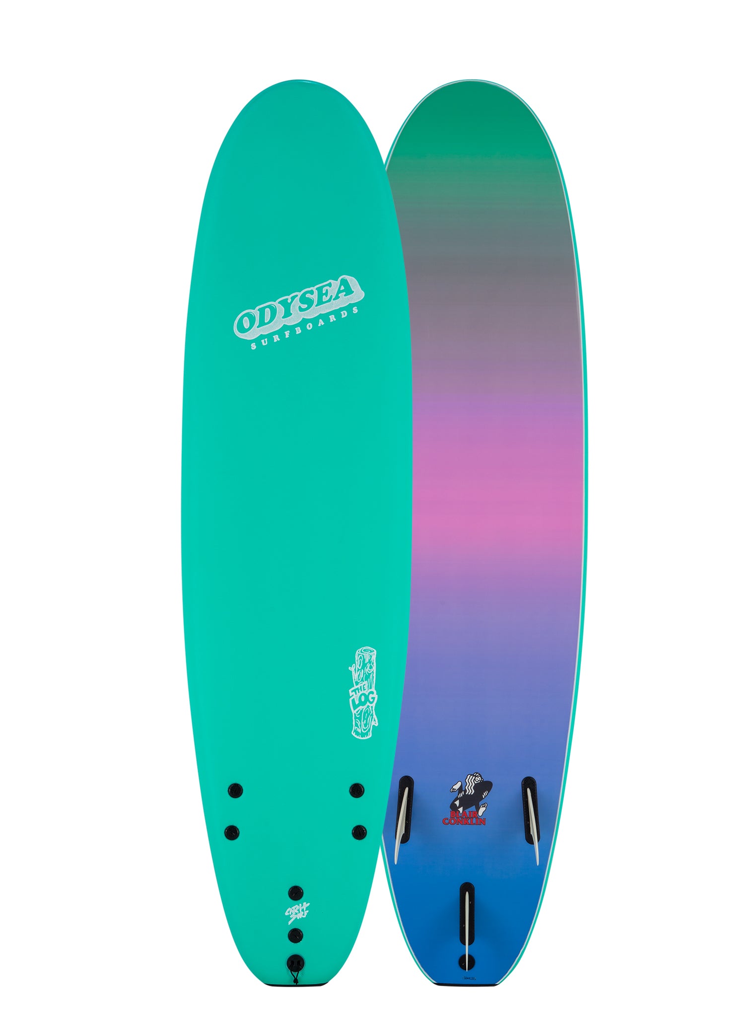 Two surfboards with a gradient design from teal to blue