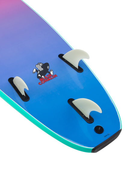 Close-up of a blue and purple surfboard with a logo 