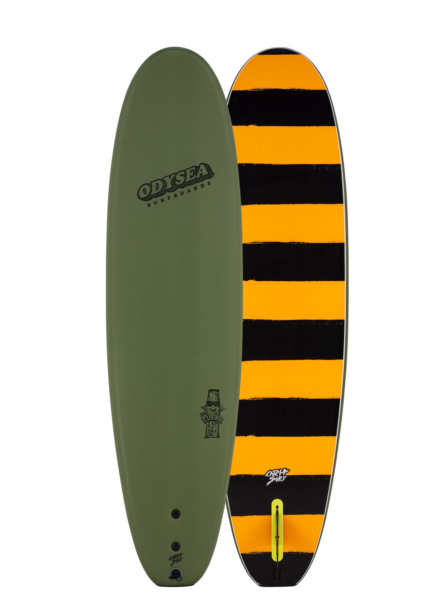 Two views of a surfboard with 'Odyssey' branding on a white background