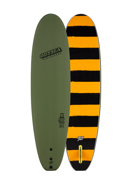 Two views of a surfboard with 'Odyssey' branding on a white background