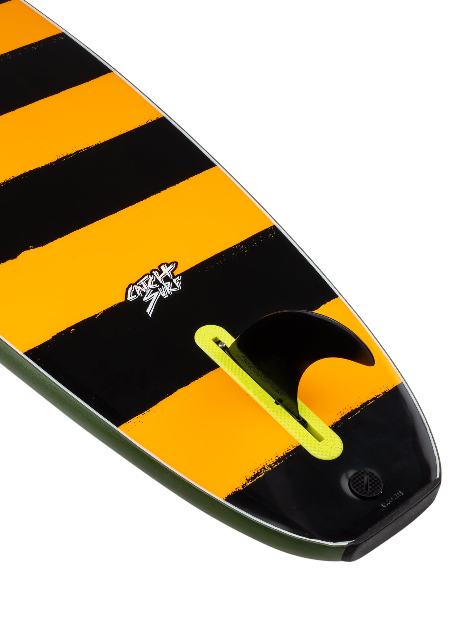 Close-up of a water ski with black and orange striped pattern on a white background