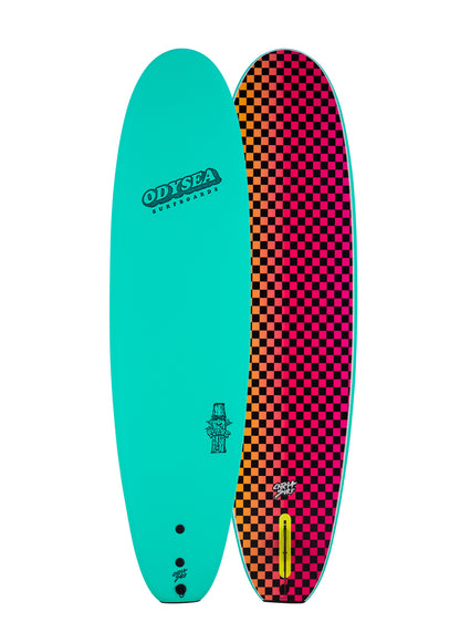 Two views of a surfboard with a checkered pattern on a white background