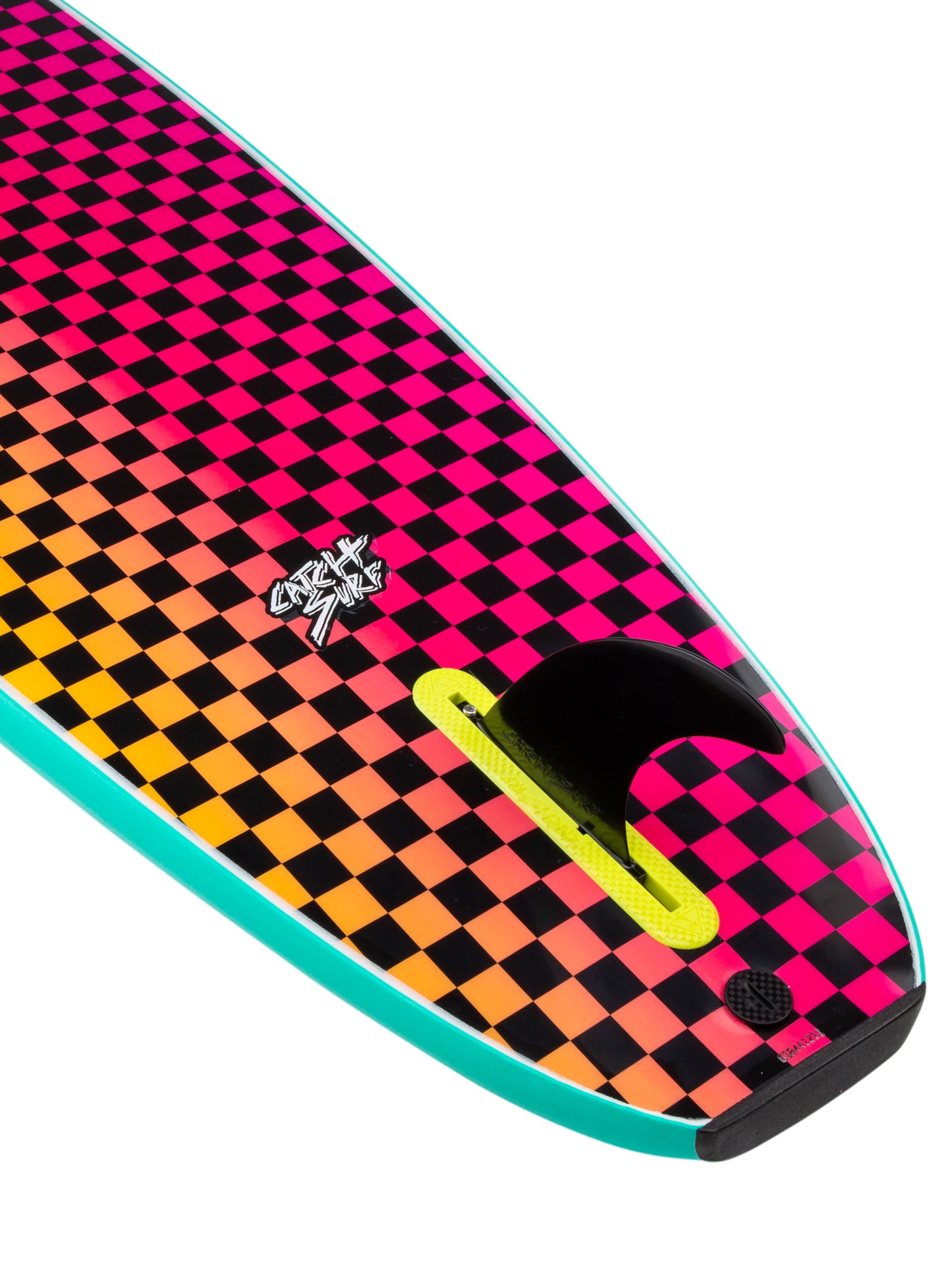 Colorful checkered surfboard with a visible brand logo on a white background