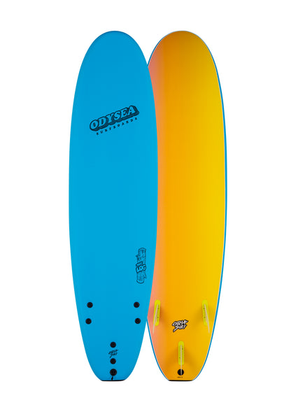 Blue and orange surfboard with Odysea branding
