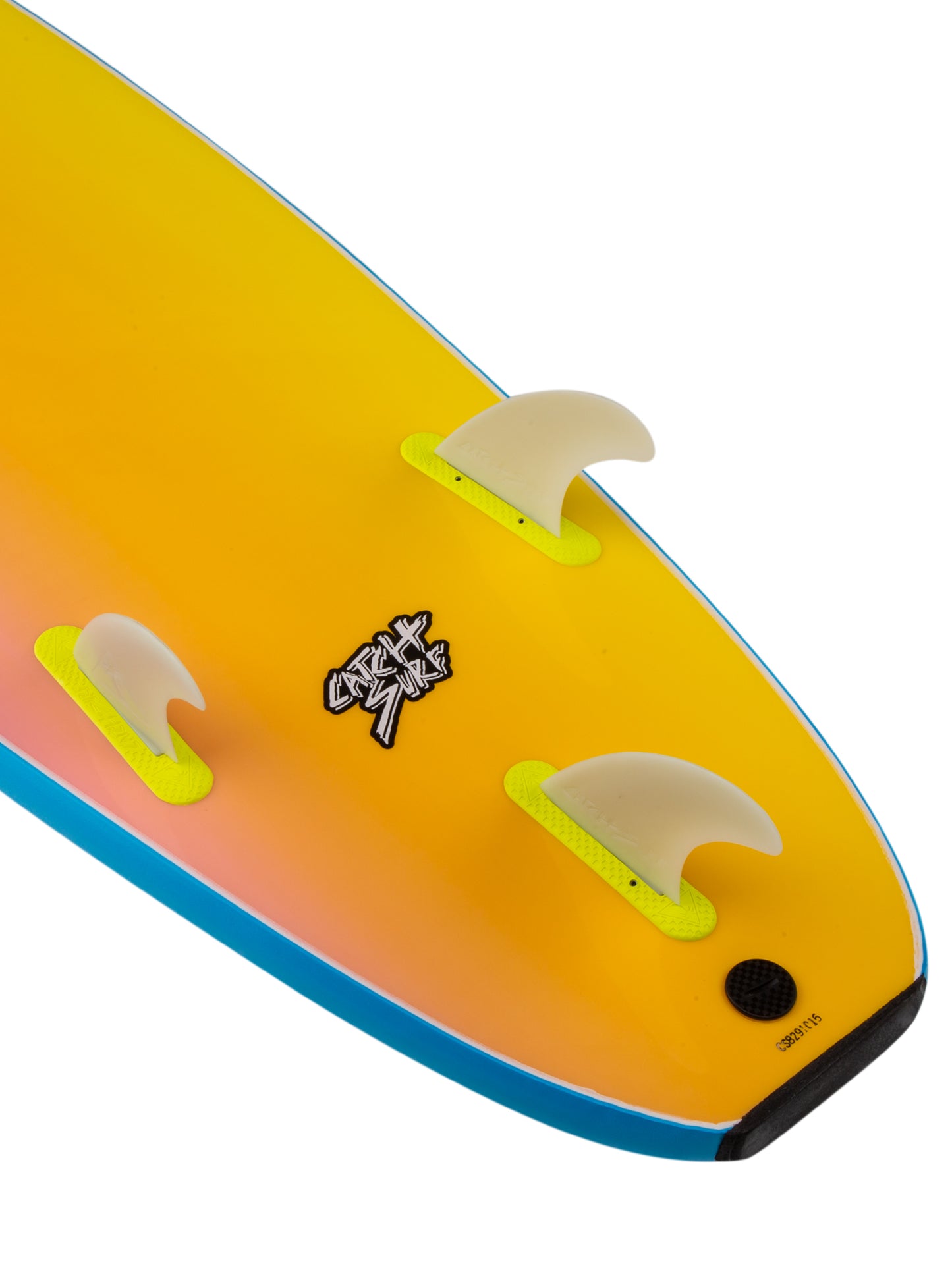 Close-up of a yellow surfboard with fins 