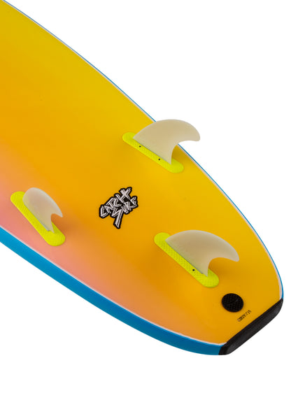 Close-up of a yellow surfboard with fins 