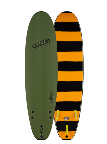 Two surfboards, one green and one with orange and black stripes