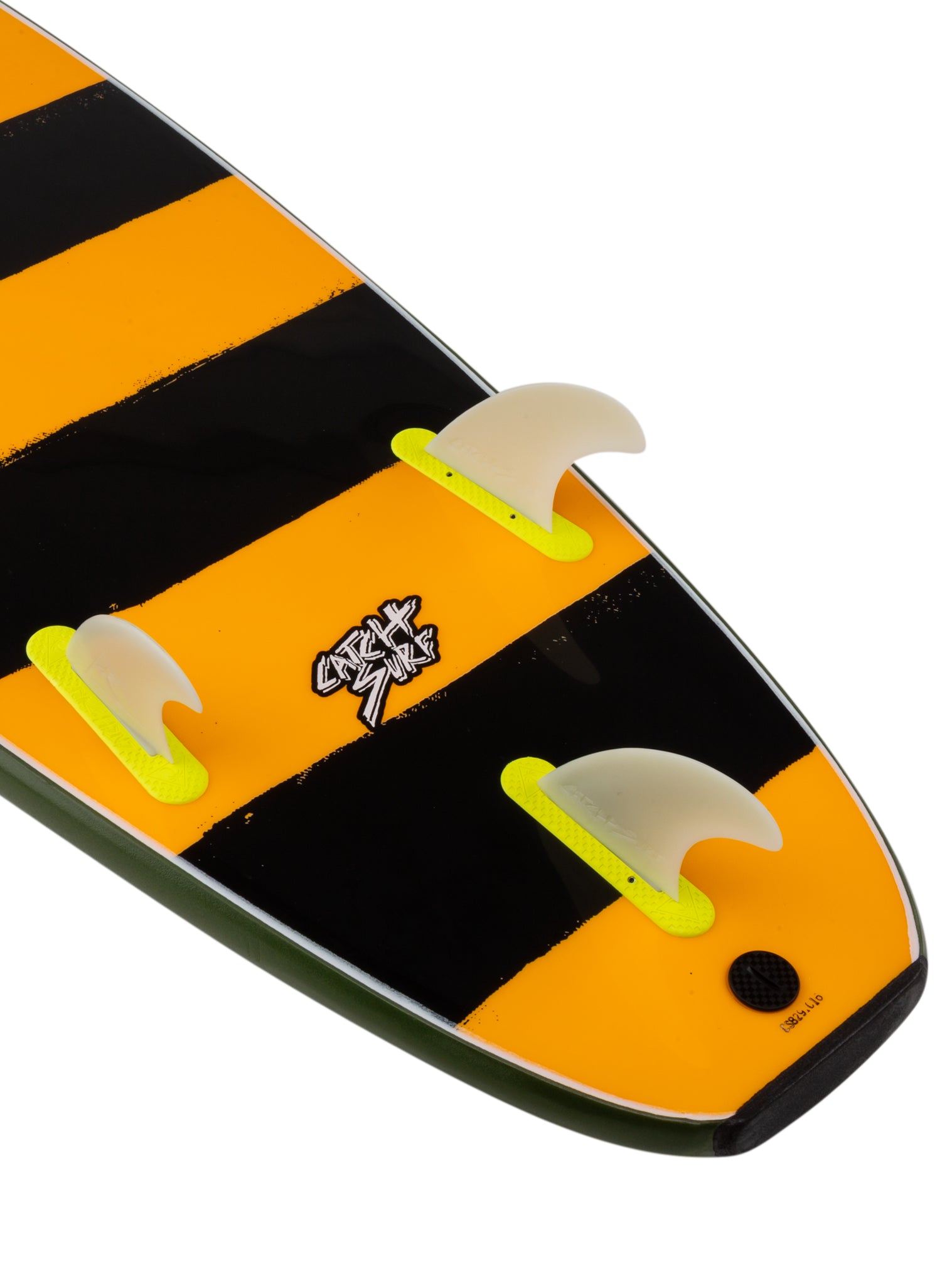 Orange and black striped water ski with four yellow and white fins 