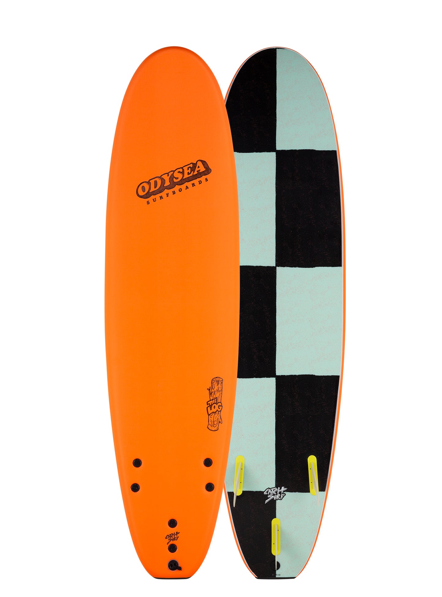 Two surfboards, one orange and one with a checkered pattern