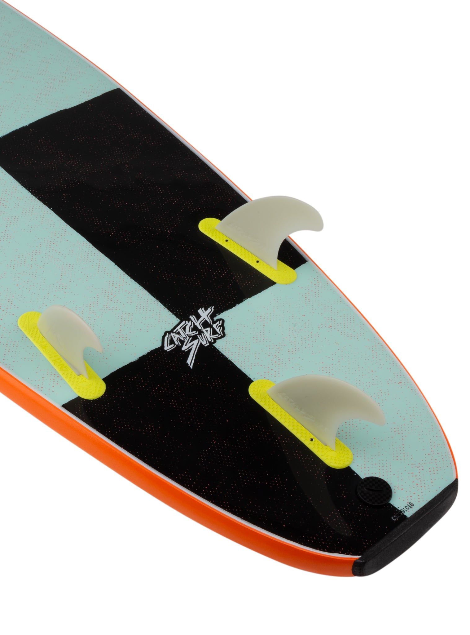 Close-up of a wakeboard with a black and orange design 