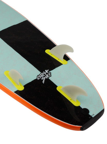 Close-up of a wakeboard with a black and orange design 