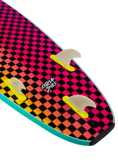 Colorful checkered wakeboard with a brand logo 