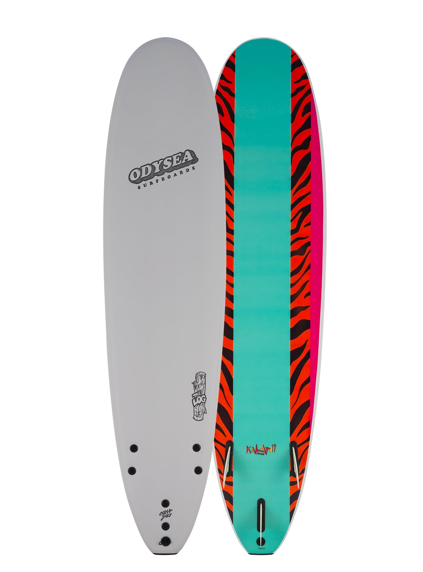 Two views of a surfboard with a tiger stripe pattern on a white background
