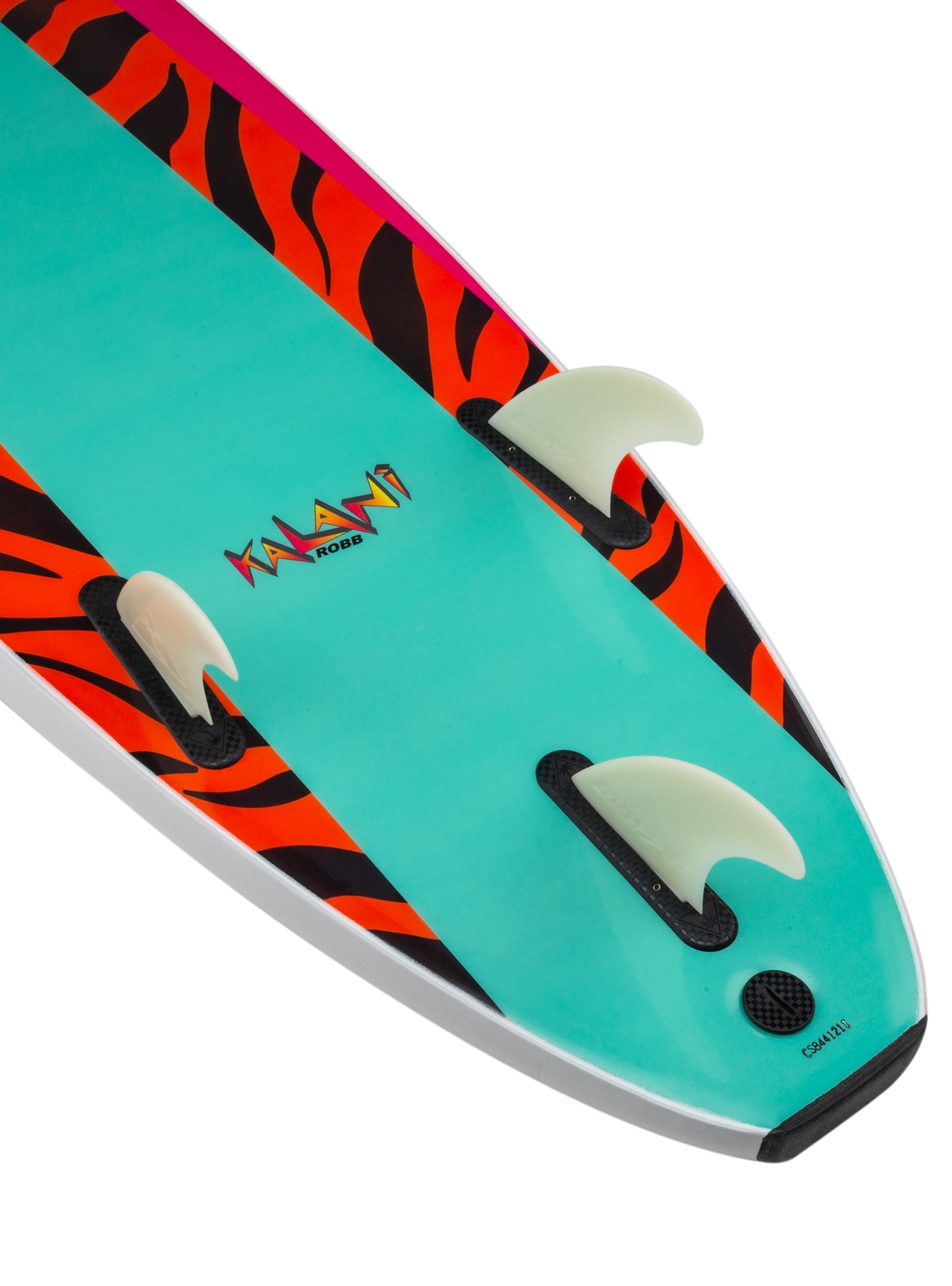 Colorful water ski with tiger stripe pattern on a white background