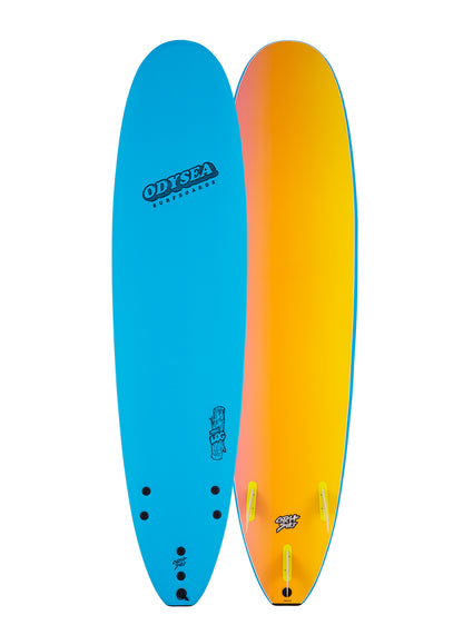 Two surfboards, one blue and one orange, with 'Odyssey' branding