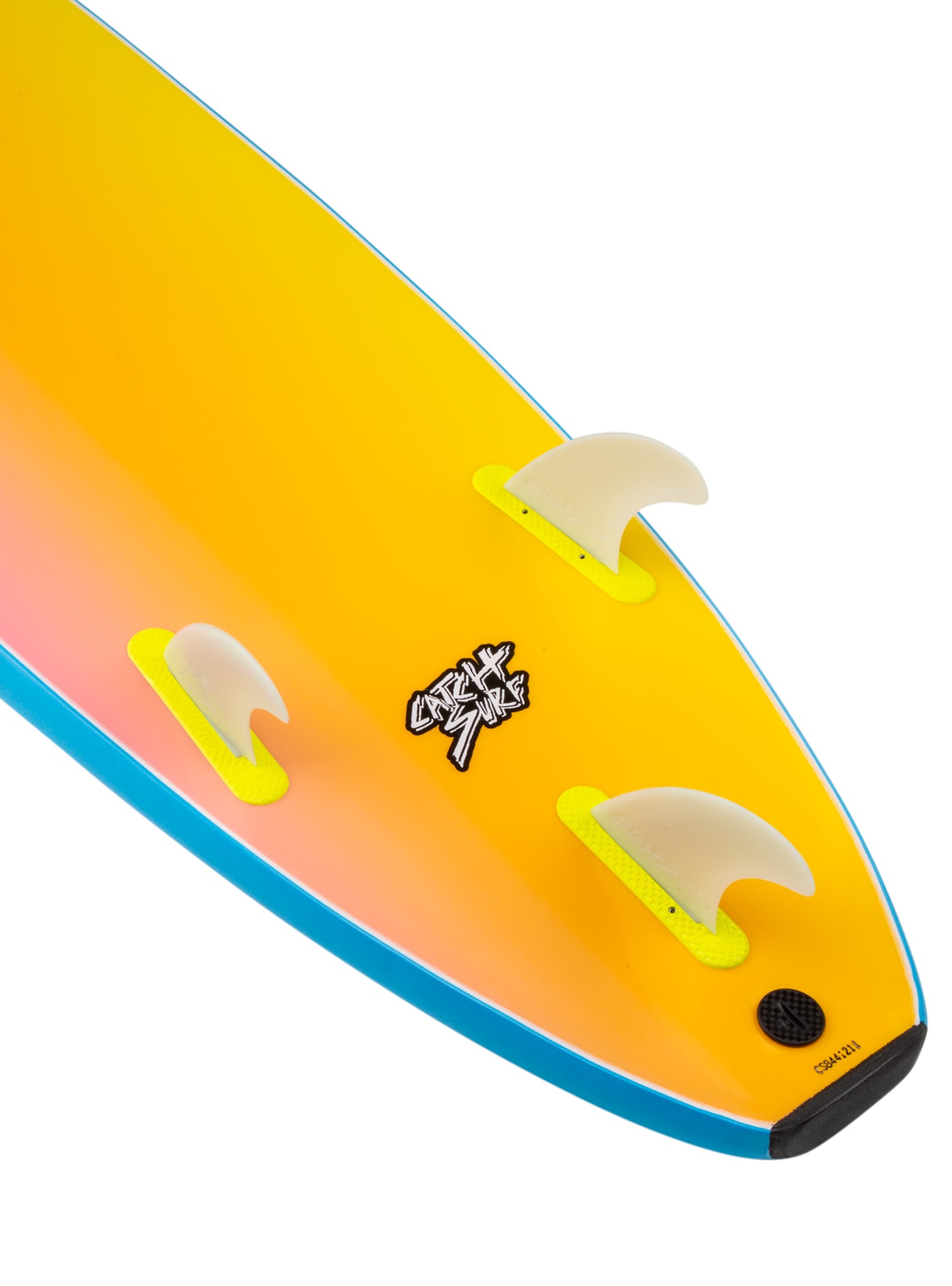 Close-up of a colorful surfboard with a brand logo