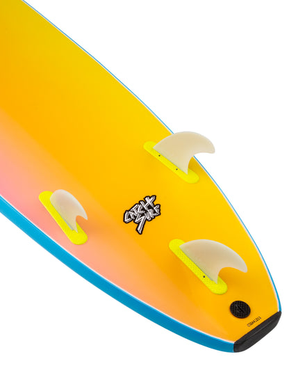 Close-up of a colorful surfboard with a brand logo