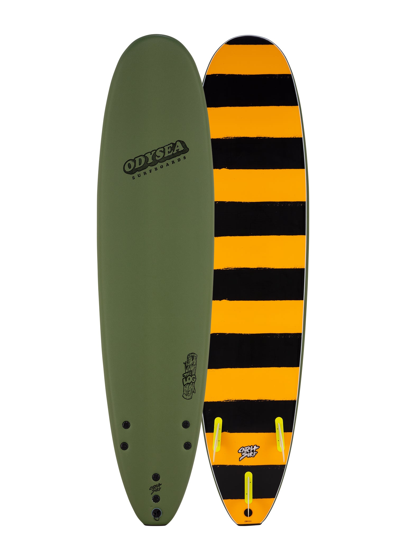 Two views of a surfboard with a striped pattern and 'Odyssey' branding.