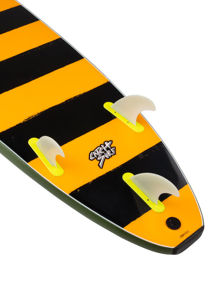 Wakesurf board with black and orange striped design