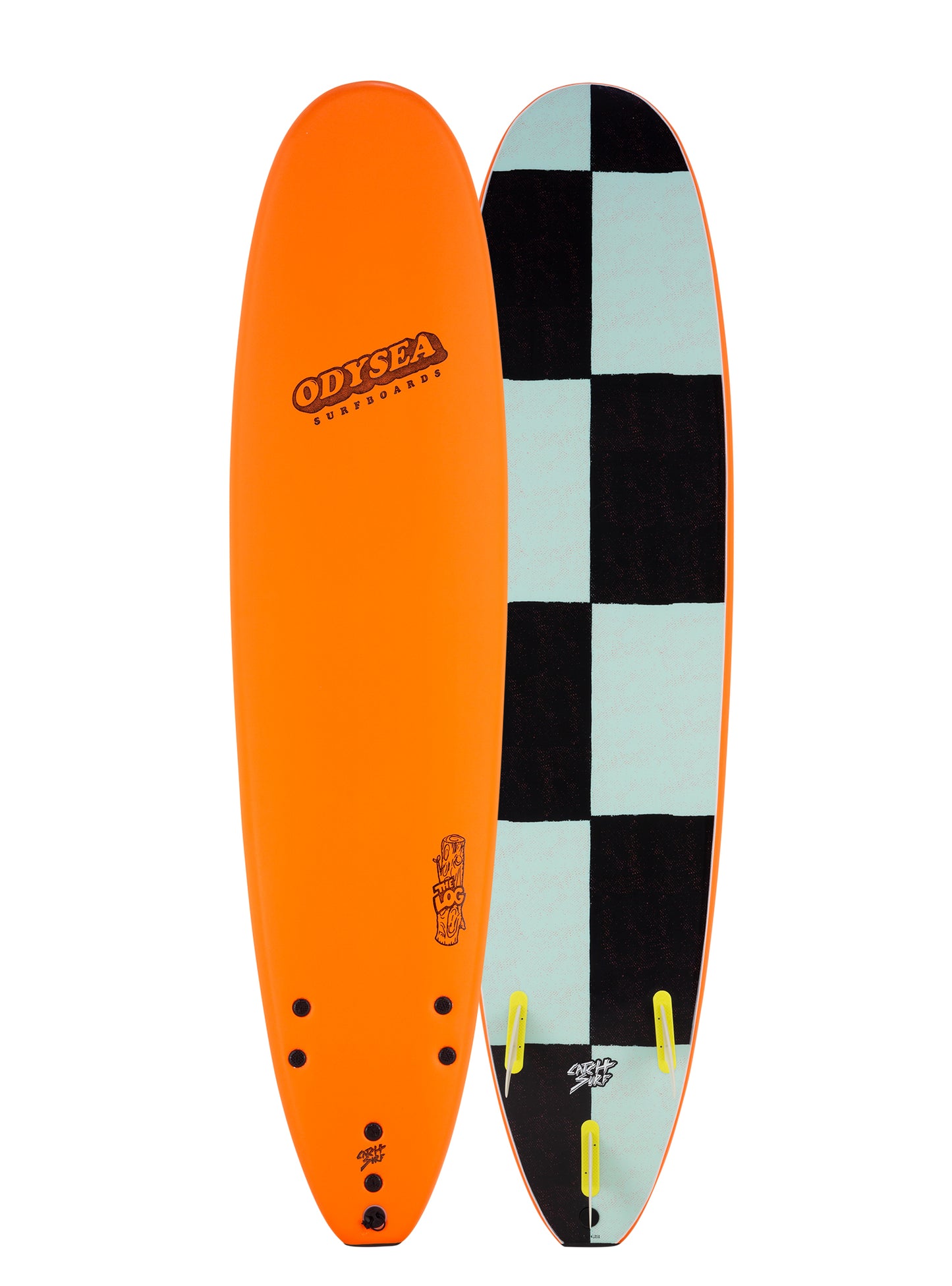 Two surfboards, one orange and one checkered