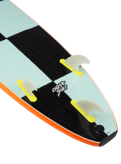 Close-up of a surfboard with a checkered pattern and orange edge